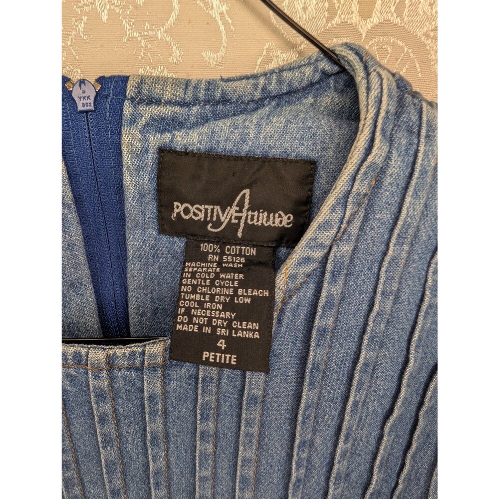 Vintage Positive Attitude Denim Dress 4 Petite Pintuck Modest 100% Cotton - Picture 2 of 7